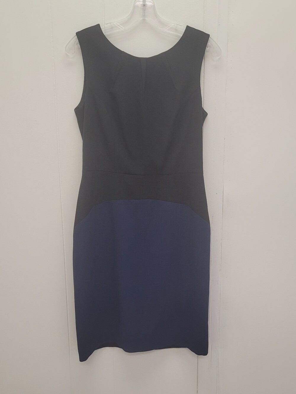 BCBGMaxAzria "Behati" Black and Navy Colorblock Sleevelss Sheath Midi Dress